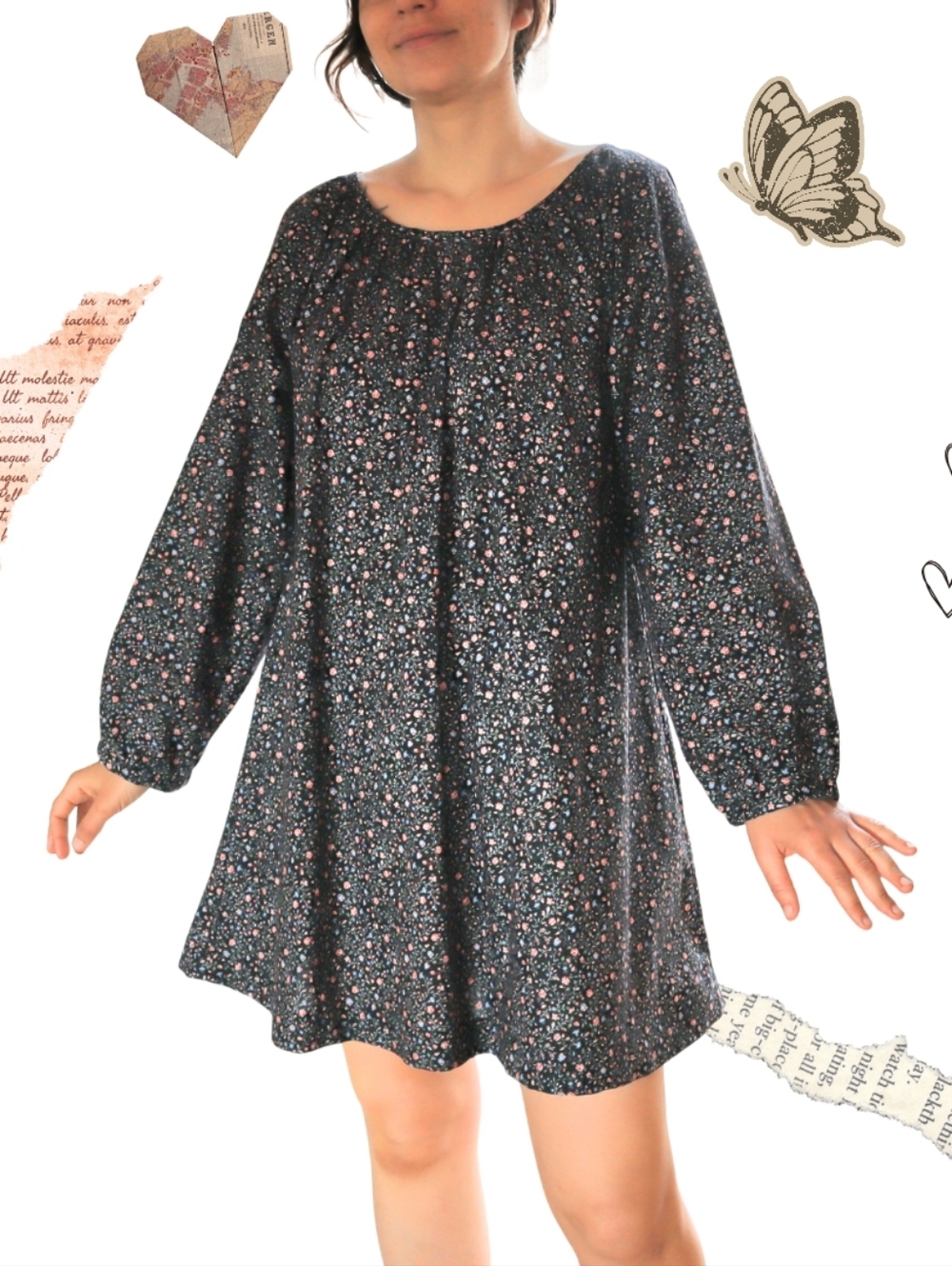 Handmade Black Floral Gathered Mini Dress Vintage Deadstock Fabric M • L • XL